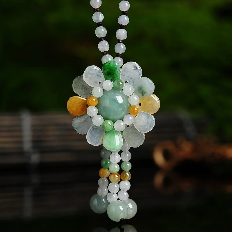 Beading - Certified Burmese Jade Sunflower Pendant Jadeite