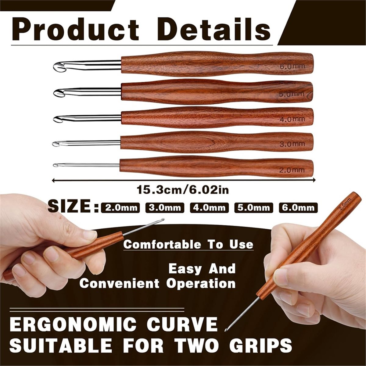 NOCM 5 Pcs Crochet Hook, 5 Siz - Wooden Crochet Hooks Ergonomic Handle recension och pris